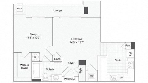Floor plan for 1 bed, 1 bath, 802 sqft