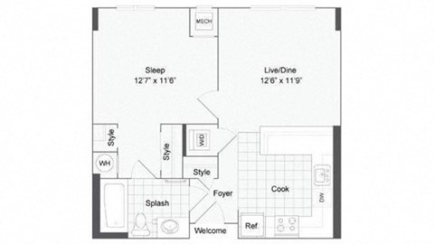 Floor plan for 1 bed, 1 bath, 710 sqft
