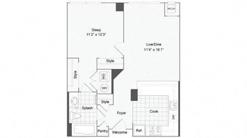 Floor plan for 1 bed, 1 bath, 750 sqft