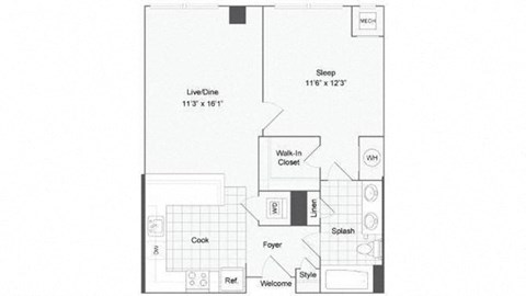 Floor plan for 1 bed, 1 bath, 745 sqft