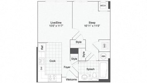 Floor plan for 1 bed, 1 bath, 594 sqft