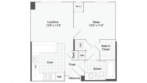 Floor plan for 1 bed, 1 bath, 710 sqft