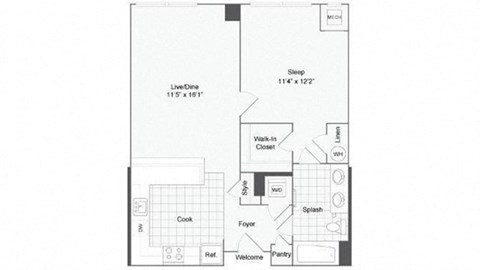 Floor plan for 1 bed, 1 bath, 751 sqft