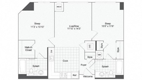 Floor plan for 2 beds, 2 baths, 948 sqft