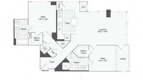 Floor plan for 2 beds, 2 baths, 1204 sqft