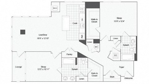Floor plan for 2 beds, 2 baths, 1309 sqft
