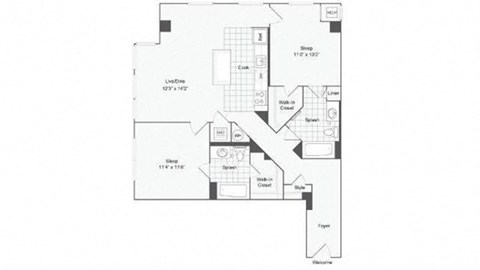 Floor plan for 2 beds, 2 baths, 996 sqft