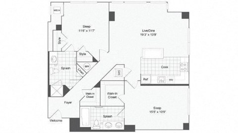 Floor plan for 2 beds, 2 baths, 1138 sqft