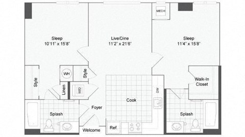 Floor plan for 2 beds, 2 baths, 933 sqft