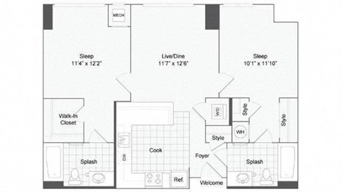 Floor plan for 2 beds, 2 baths, 952 sqft