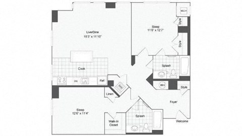 Floor plan for 2 beds, 2 baths, 1169 sqft