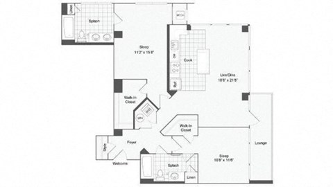 Floor plan for 2 beds, 2 baths, 1213 sqft