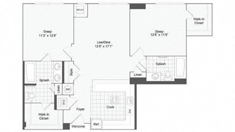 Floor plan for 2 beds, 2 baths, 1141 sqft