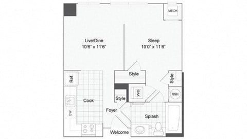 Floor plan for studio, 1 bath, 586 sqft