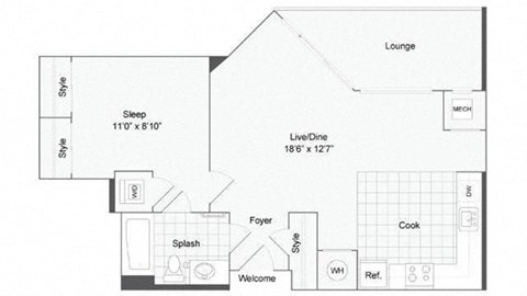 Floor plan for studio, 1 bath, 692 sqft