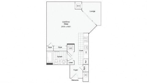 Floor plan for studio, 1 bath, 625 sqft