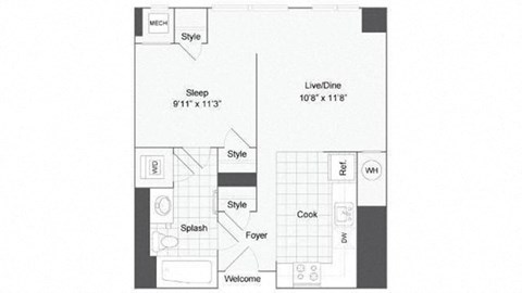 Floor plan for studio, 1 bath, 592 sqft
