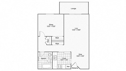 Floor plan for 1 bed, 1 bath, 786 sqft