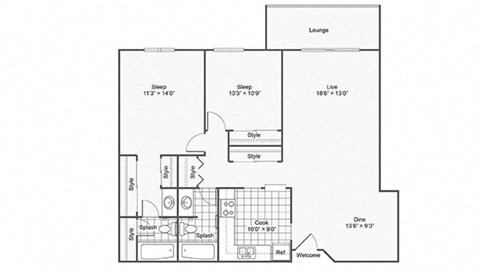 Floor plan for 2 beds, 2 baths, 1079 sqft