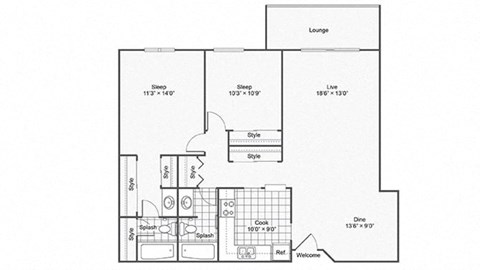 Floor plan for 2 beds, 2 baths, 1047 sqft
