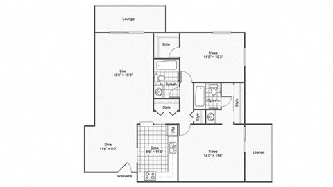Floor plan for 2 beds, 2 baths, 1074 sqft
