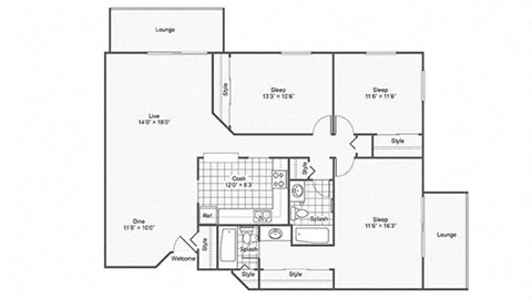Floor plan for 3 beds, 2 baths, 1324 sqft