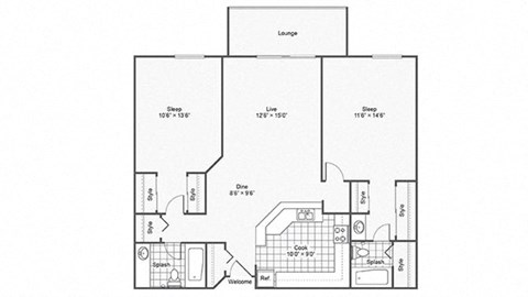 Floor plan for 2 beds, 2 baths, 1047 sqft