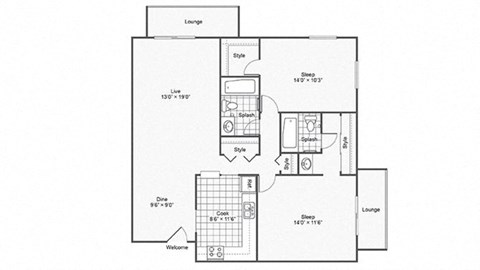 Floor plan for 2 beds, 2 baths, 1059 sqft