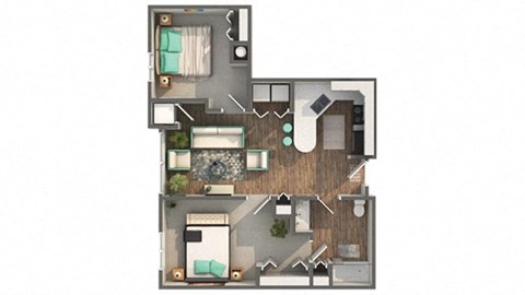 Floor plan for 2 beds, 1 bath, 881 sqft