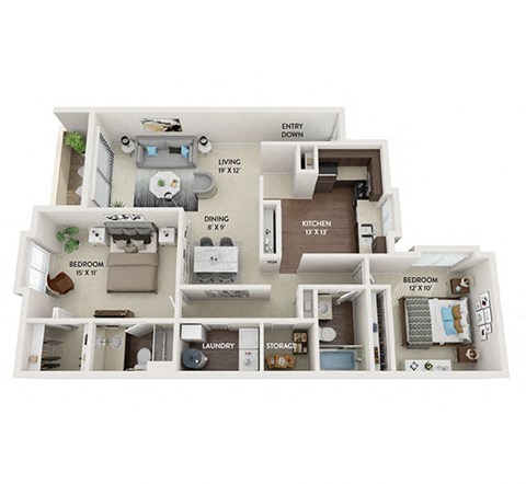 Floor plan for 2 beds, 2 baths, 1160 sqft