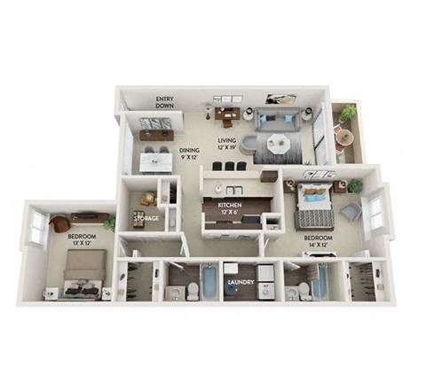 Floor plan for 2 beds, 2 baths, 1200 sqft
