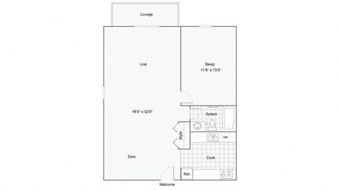 Floor plan for 1 bed, 1 bath, 832 sqft