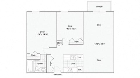 Floor plan for 2 beds, 1 bath, 864 sqft
