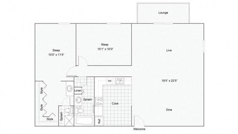 Floor plan for 2 beds, 2 baths, 864 sqft