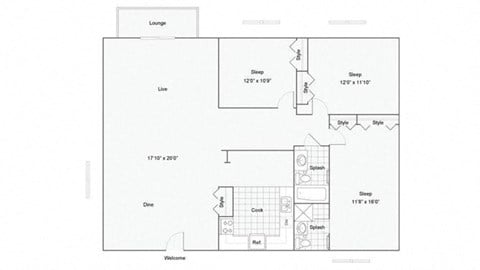 Floor plan for 3 beds, 2 baths, 1080 sqft