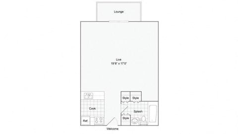Floor plan for studio, 1 bath, 480 sqft