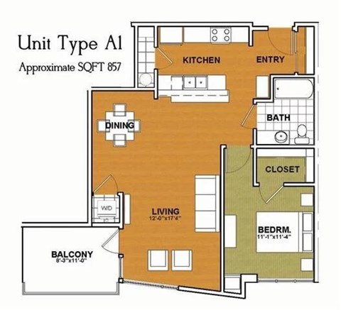 Floor plan for 1 bed, 1 bath, 829 sqft
