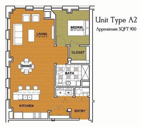 Floor plan for 1 bed, 1 bath, 1021 sqft