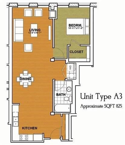 Floor plan for 1 bed, 1 bath, 910 sqft