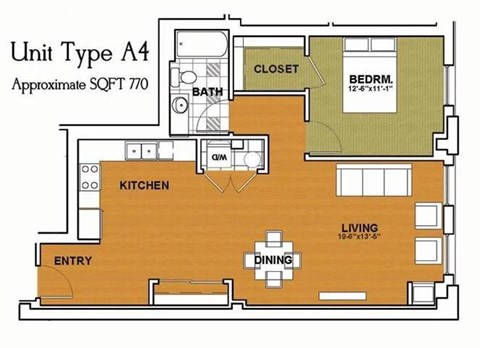 Floor plan for 1 bed, 1 bath, 959 sqft
