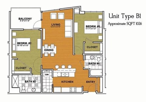 Floor plan for 2 beds, 2 baths, 1094 sqft