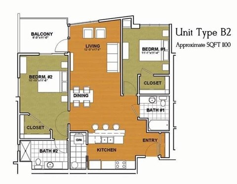 Floor plan for 2 beds, 2 baths, 1156 sqft