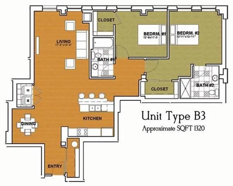 Floor plan for 2 beds, 2 baths, 1448 sqft