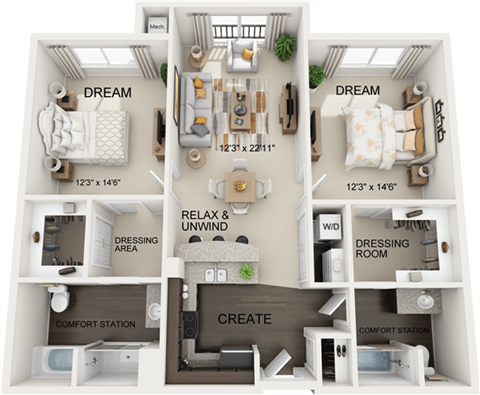 Floor plan for 2 beds, 2 baths, 1242 sqft