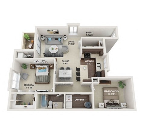 Floor plan for 1 bed, 1 bath, 975 sqft