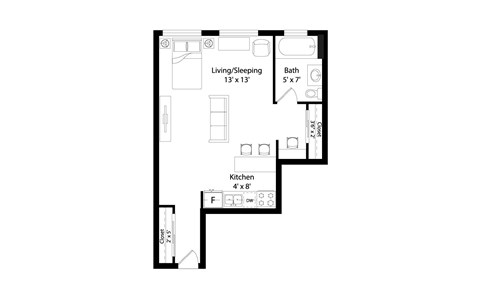 Floor plan for studio, 1 bath, 340 sqft