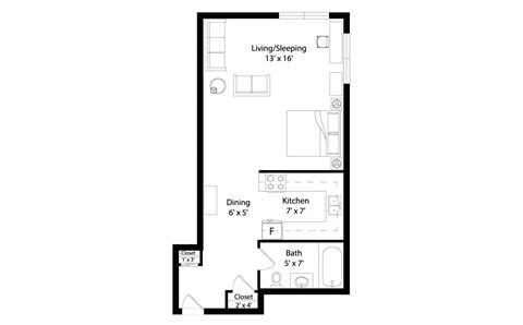 Floor plan for studio, 1 bath, 350 sqft