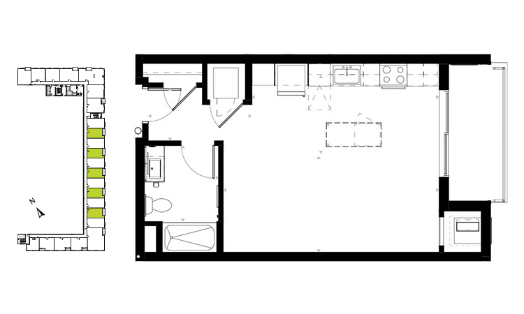 Floor plan for studio, 1 bath, 530 sqft