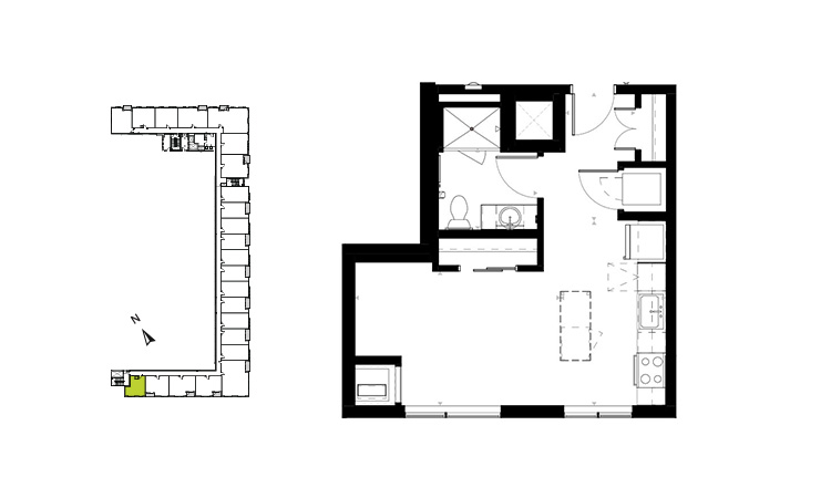 Floor plan for studio, 1 bath, 483 sqft