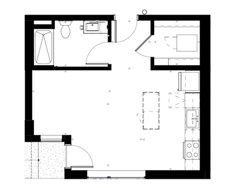 Floor plan for 1 bed, 1 bath, 594 sqft
